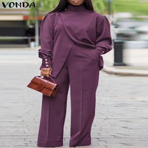 플러스 사이즈 VONDA 여성 가을 ​​하이 넥 정장 솔리드 컬러 긴 소매 매칭 세트 우아한 분할 및 넓은 다리 긴 바지 2PCs