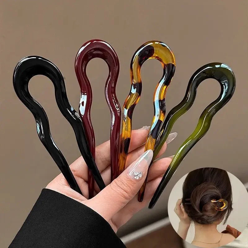 프랑스어 트위스트 헤어 스틱 헤어 클립 플라스틱 물결 모양의 U 자형 머리핀 빈티지 녹색 거북이 여성 헤어 스틱 모자를 쓰고 있죠 액세서리