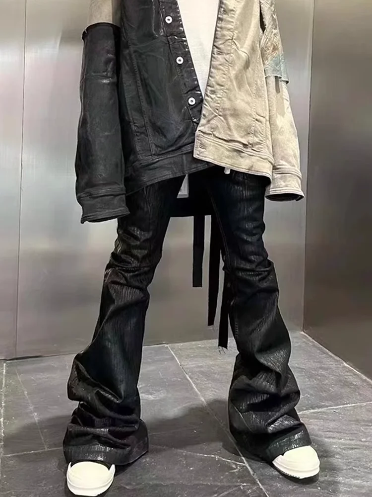 스트리트웨어 블랙 왁스 가죽 Strecth 청바지 남성용 Ropa Hombre Baggy Y2k 플레어 바지 오버 사이즈 스트레이트 데님 바지