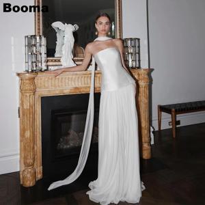 Booma a 라인 긴 웨딩 드레스 Strapless 새틴 쉬폰 신부 파티 가운 여성을위한 우아한 신부 이브닝 드레스 맞춤형