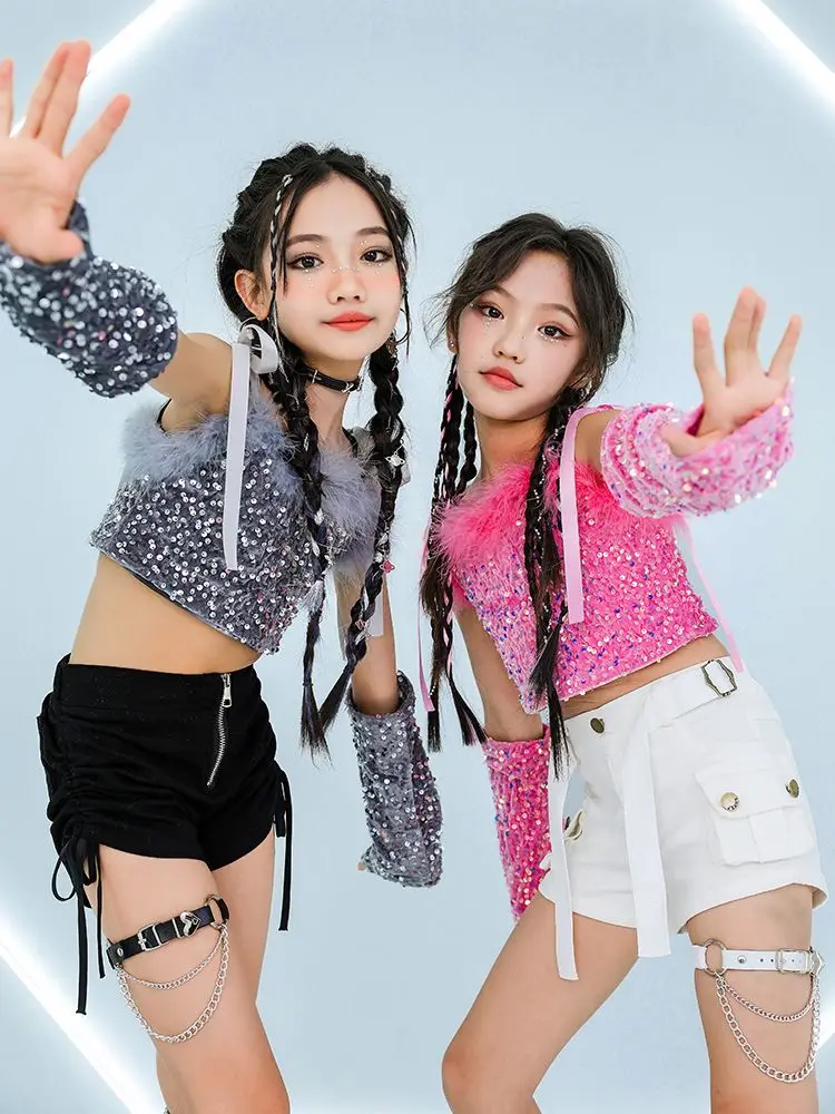 핑크 스팽글 재즈 의상 소녀 힙합 무대 복장 블랙 화이트 반바지 Kpop 키즈 반짝이 패션 의류 댄스 공연 슈트