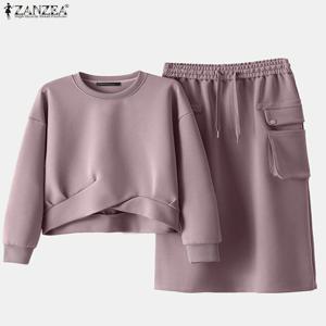 ZANZEA 신축성 허리 스커트 원피스 세트, 캐주얼 용수철, 루즈한 단색 스커트 정장, 매듭 밑단 맨투맨, 데일리 웨어, 2 개