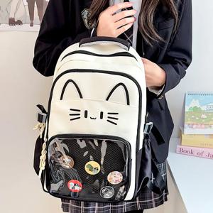 Y2K 귀여운 고양이 이타 배낭, 대용량 배낭, 캐주얼 소녀, 투명 DIY 디스플레이 배낭, 만화 트렌디 여행 책가방