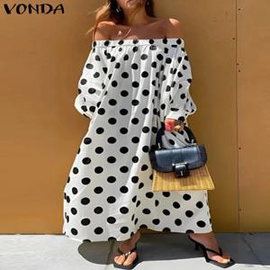 플러스 사이즈 5XL VONDA 보헤미안 도트 프린트 드레스 여성 Sundress 2025 섹시한 오프 숄더 여름 파티 Vestidos 캐주얼 루즈 가운