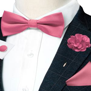 남성용 웨딩 보우 타이 솔리드 핑크 Pre-tied Bowtie 포켓 스퀘어 커프스 단추 코사지 세트 파티 비즈니스 실크 나비 매듭 선물