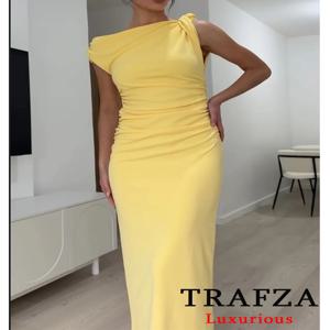 TRAFZA 빈티지 캐주얼 여성 드레스 옐로우 솔리드 오-넥 민소매 비대칭 스트레이트 Vestidos 패션 2025 봄 여름 드레스