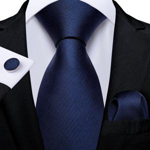 DiBanGu 탑 네이비 블루 솔리드 넥타이 남성용 100% 실크 남성용 넥타이 Hanky ​​Cufflinks 넥타이 정장 비즈니스 웨딩 파티 넥타이 세트 MJ-7140