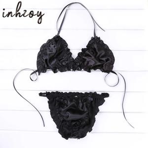 2Pcs 남자 시시 실키 새틴 홀터넥 프릴 잠옷 세트 Crossdress 란제리 팬티 세트