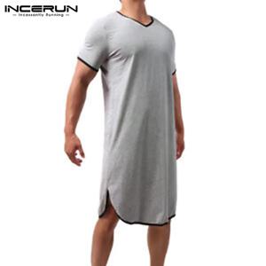 여름 짧은 소매 V 넥 Homewear INCERUN 남성 패치 워크 수면 가운 Hombre 느슨한 편안한 목욕 가운 캐주얼 솔리드 나이트 가운 S-5XL