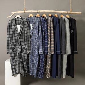 봄 가을 격자 무늬 목욕 가운 남성 수면 탑 기모노 가운 남성 부드러운 면화 긴 목욕 가운 신부 가운 드레싱 가운 M-4XL