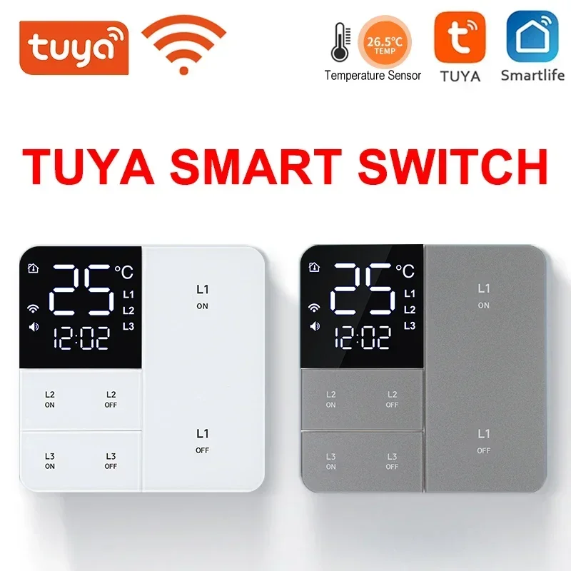 온도 시간 표시 기능이있는 Tuya 스마트 Wifi 스위치 100-250V 1/2/3 갱 벽 조명 버튼 스위치 타이밍 원격 제어