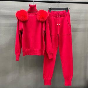 여성 양모 코트 바지 세트 레이디 리얼 폭스 모피 칼라 스웨터 streetwear 니트 봄 가을 조깅 스웨터 s5988