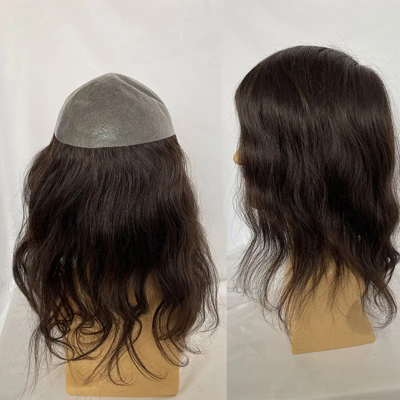남성용 긴 머리 브라질 인모 가발, 얇은 피부 베이스, PU 교체, 남성용 헤어 피스, 12 인치, 10 × 8