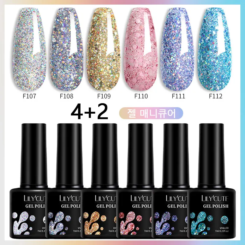 LILYCUTE 글리터 젤 네일 광택제 베르니스 반영구 글리터 광택제, DIY 네일 아트, 흡수 LED UV 젤, 세트당 7ml, 6 개