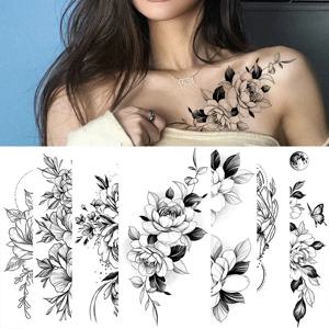 여성을위한 대형 검은 꽃 패턴 가짜 문신 스티커 도트 장미 모란 임시 문신 DIY 물 전송 문신 소녀