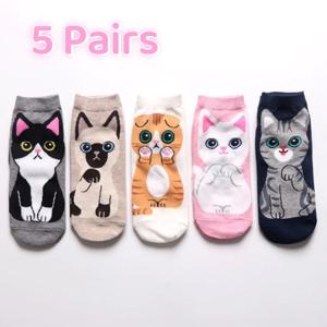 5 쌍/세트 여성 만화 귀여운 고양이 발목 양말 통기성 일상 패션에 적합