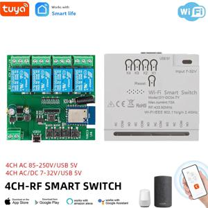투야 스마트 스위치, 와이파이 모듈 리모컨, USB 5V, 12V, 24V, 85-250V, RF 리시버, 10A 스마트 릴레이, 무료 쉘 포함, 4CH, 220V