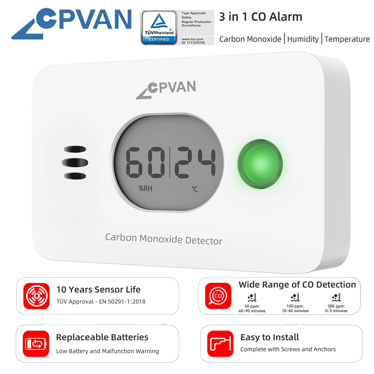 CPVAN 무선 3-in-1 디지털 화면 일산화탄소 감지기(온도 및 습도 포함) 홈 보안 보호 CO 경보