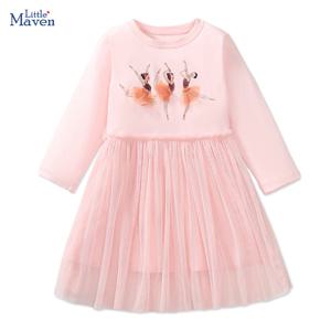 Little maven 아동복 아동 의류 2024 가을 코튼 아기 소녀 만화 발레 댄서 긴 소매 드레스 2-7 년