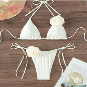 섹시한 비키니 세트 여성 수영복 블랙 화이트 3D 꽃 프린트 마이크로 비키니 브라질 컷 아웃 비치 수영복 끈 팬티 수영복