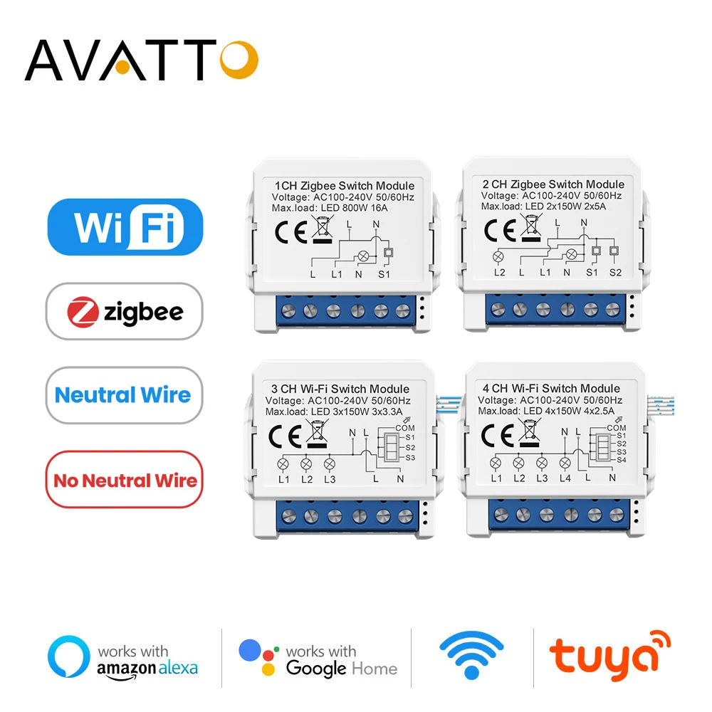 AVATTO Tuya WiFi Zigbee 스마트 라이트 스위치 모듈, 중성선 없음 2 가지 제어 Alexa, google home 용 미니 DIY 차단기 작업