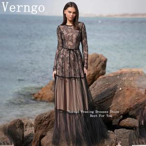 Verngo 여성용 블랙 레이스 파티 원피스, O넥 전체 소매 무도회 가운, A 라인 바닥 길이 원피스, 격식 있는 행사 복장 맞춤