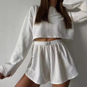 여성용 잠옷 여름 잠옷 속이 빈 잠옷 긴 소매 탑 반바지 잠옷 2 피스 세트 Homewear Nightwear Pijama Mujer