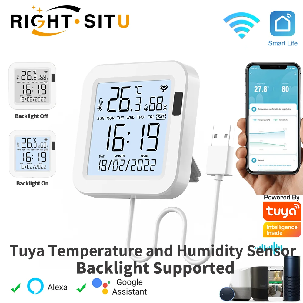 스마트 홈용 백라이트가 있는 Tuya 온도 및 습도 스마트 센서 var WiFi SmartLife Alexa Google Assistant와 함께 작동