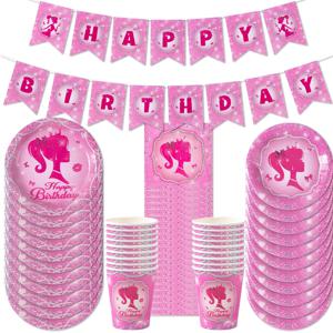 생일 축하 파티 핑크 테마 일회용 식기 세트 종이 접시 컵 냅킨 아이 소녀 생일 파티 베이비 샤워 용품