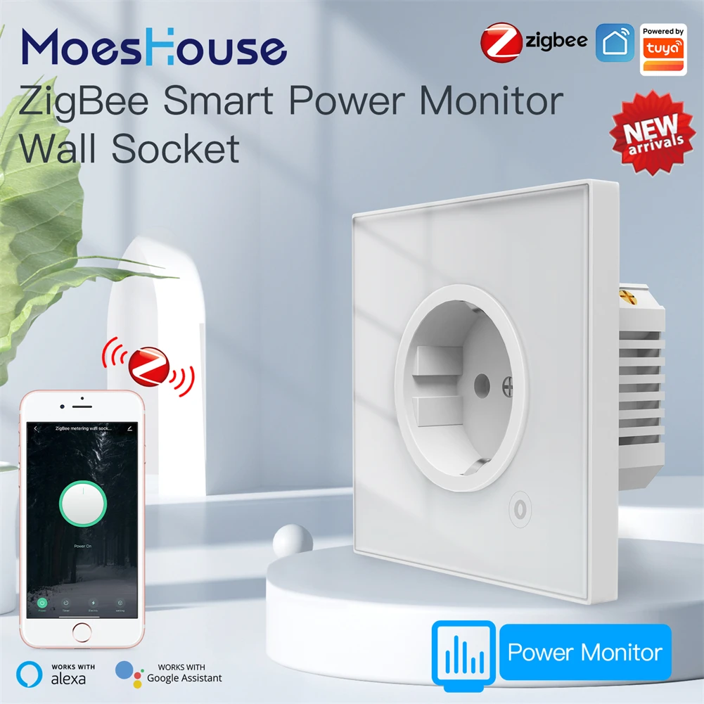 Moes ZigBee 스마트 벽 소켓 유리 패널 콘센트 전원 모니터 tuya 무선 제어 메쉬 타이머 Alexa Google 홈 음성 EU