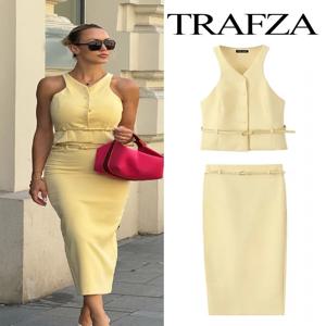 TRAFZA 여성 패션 정장 노란색 v 넥 민소매 벨트 Sngle Breasted 탑 + 하이 웨이스트 포켓 벨트 롱 스커트 여성 여름 세트