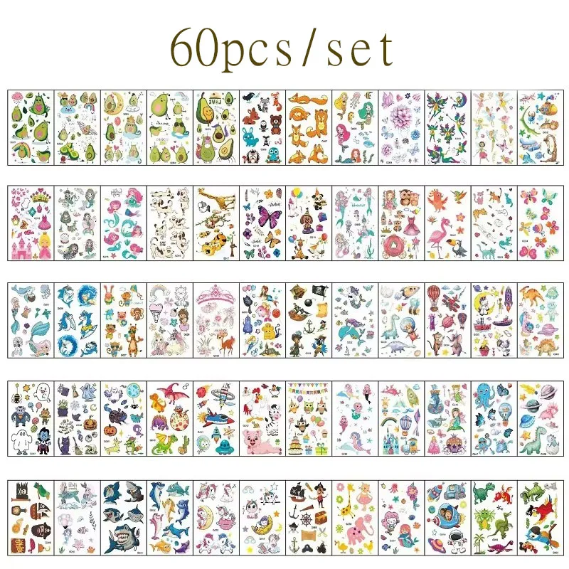60PCS 어린이를위한 임시 문신 스티커 어린이를위한 방수 문신 축제 glitters 얼굴 소녀 소년 어린이 미니 가짜 문신