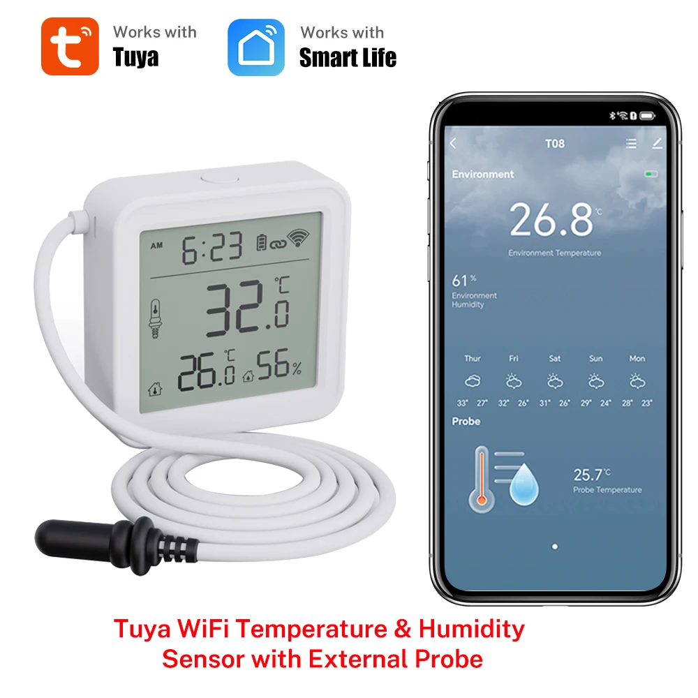 스마트 홈 습도계 용 외부 프로브가있는 Tuya WiFi 온도 습도 센서 식물 수족관 와이너리 용 APP 모니터링