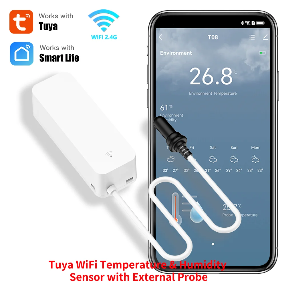 스마트 홈 습도계 용 외부 프로브가있는 Tuya WiFi 온도 습도 센서 식물 수족관 와이너리 용 APP 모니터링