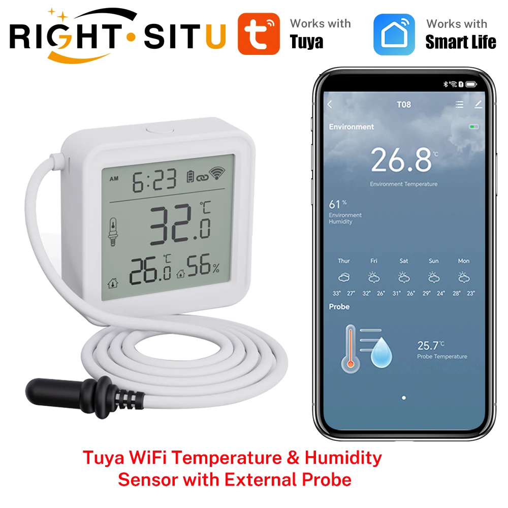 스마트 홈 습도계 용 외부 프로브가있는 Tuya WiFi 온도 습도 센서 식물 수족관 와이너리 용 APP 모니터링