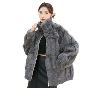 2024 겨울 새로운 토끼 모피 코트 여성 모피 원피스 스탠드 칼라 토끼 모피 패션 두꺼운 코트