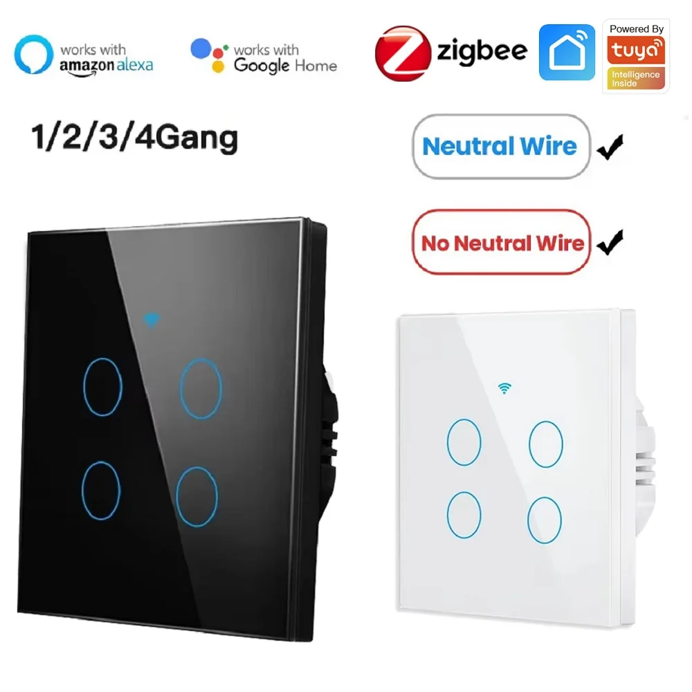 지그비 벽 터치 스마트 스위치, 무중립 와이어 LED 조명 제어 벽 단추, 스마트 음성, 알렉사 구글 홈, 1, 2, 3/4 갱