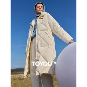 TOYOUTH 여성용 90% 화이트 덕 다운 재킷, 2024 겨울 여우 칼라, 두꺼운 후드 코트, 뿔 단추, 따뜻한 롱 오버코트