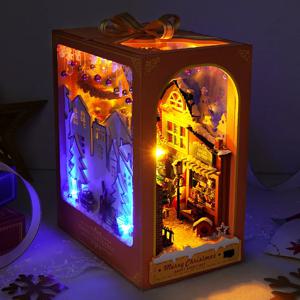책 구석 미니어처 DIY 오두막 크리스마스 캐빈 하우스 북 스탠드 인형 집 크리 에이 티브 퍼즐 책장 터치 커버 삽입