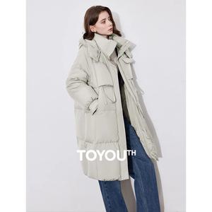 TOYOUTH 여성용 90% 화이트 덕 다운 재킷, 후드 슬림 웨이스트 단색, 두꺼운 추가 길이 파카 코트, 2024 겨울 신상