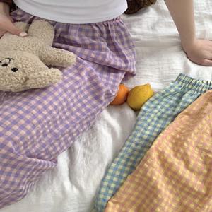 새로운 여성 격자 무늬 바지 여름 얇은 스포츠 허리 슬림 넓은 다리 느슨한 캐주얼 잠옷 긴 바지 폴리 에스터 섬유 외부 착용 가능