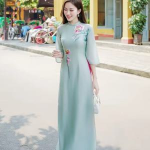 여성 Aodai Vetnam 의류 긴 치파오 Aodai 베트남 전통 드레스 투피스 와이드 레그 팬츠 Cheongsam Aodai Dress