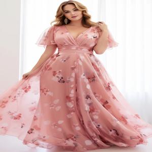 Flycurvy 플러스 사이즈 에브리데이 피치 핑크 플로럴 플러터 슬리브 랩 엠파이어 웨이스트 쉬폰 맥시 드레스