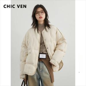 CHIC VEN 여성용 다운 코트, 단색 루즈 캐주얼, 90 화이트 덕 다운 재킷, 따뜻한 오버코트, 가을 겨울 2024, 신상