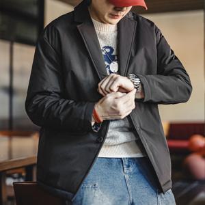 Maden 캐주얼 노치 라펠 두꺼운 정장 재킷 블랙 따뜻한 코튼 패딩 코트 가을, 겨울을위한 남성용 다목적 겉옷