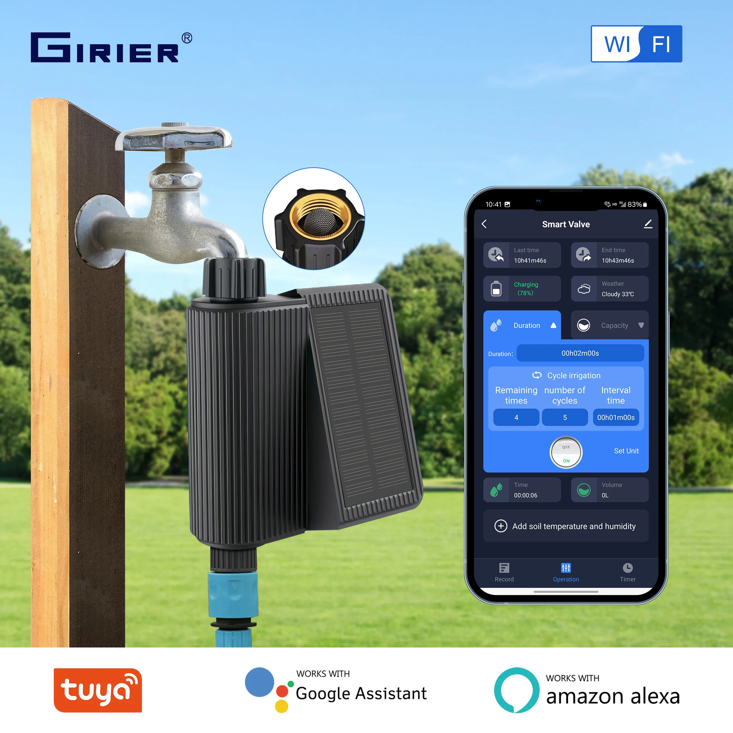 GIRIER 스마트 워터 타이머 태양열 발전 와이파이 스프링클러 타이머, 황동 입구, 자동 관개 컨트롤러, 허브 불필요