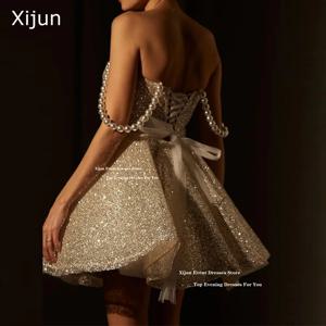 Xijun 반짝이 짧은 이브닝 드레스, 진주 연인 A라인 미니 무도회 드레스, 레이스업 백 생일 파티 드레스, 맞춤형