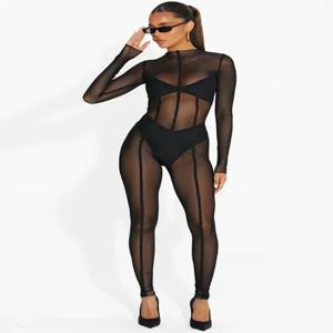 여성용 블랙 점프 슈트 메쉬 오버올을 통해 볼 Bodycon Romper 원피스 복장 여성 섹시한 Monos Mujer Elegante Bodysuit