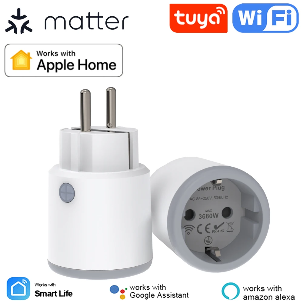 물질 스마트 전원 플러그 Wifi 16A 전력계 원격 제어 EU 콘센트는 Tuya Homekit Echo Alexa Google Home Smartlife와 함께 작동합니다.