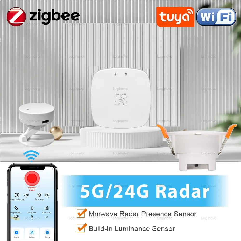 Tuya Zigbee WiFi 인간 존재 센서 스마트 홈용 휘도 센서가있는 MmWave 레이더 탐지기 스마트 라이프 PIR 모션 센서
